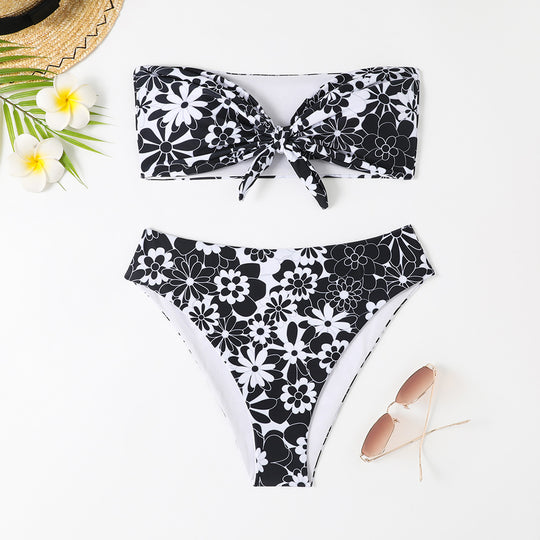 Damen Bandeau Bikini mit modischem Blumenmuster und verspieltem Knotendetail R&B