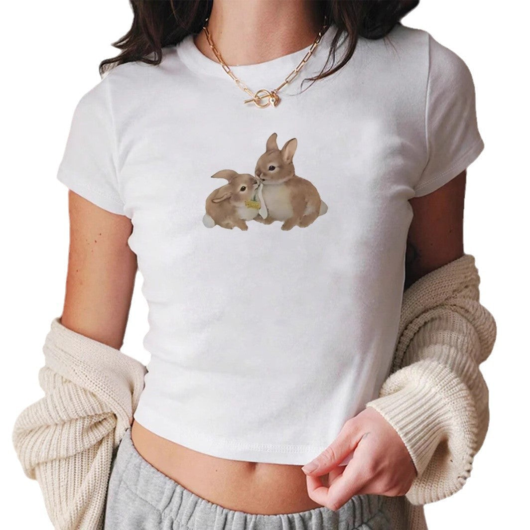 Damen Crop-T-Shirt mit niedlichem Kaninchenmotiv R&B