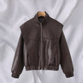 Damen elegante Kunstlederjacke mit hohem Kragen R&B