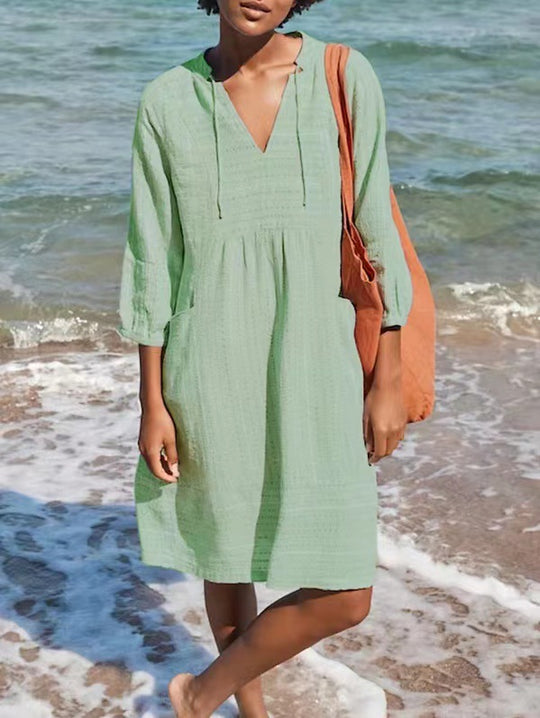Damen lässiges Sommerkleid mit Kapuze und Taschen R&B