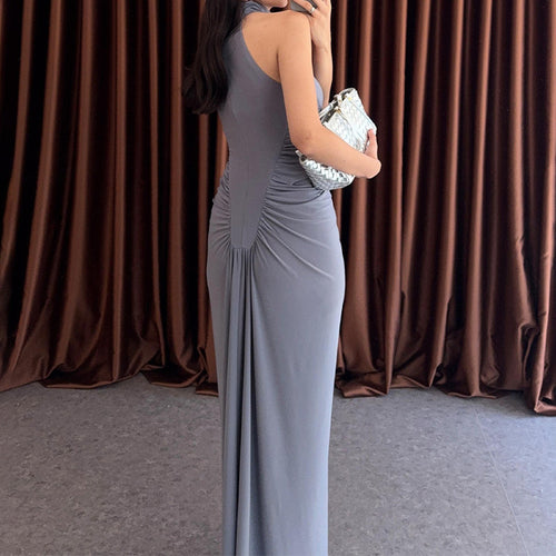 Damen Elegantes, figurbetontes Maxikleid mit hochgeschlossenem Ausschnitt und Knopfdetails R&B