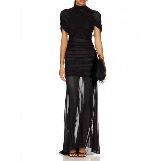 Damen Elegantes Cocktailkleid mit gerafftem Design und transparenter Schicht R&B
