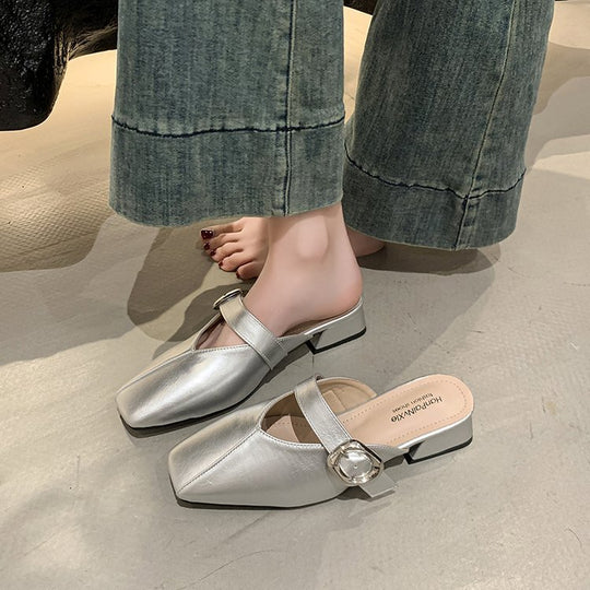 Damen elegante Mules mit quadratischer Zehenpartie und modischen Schnallenakzenten R&B