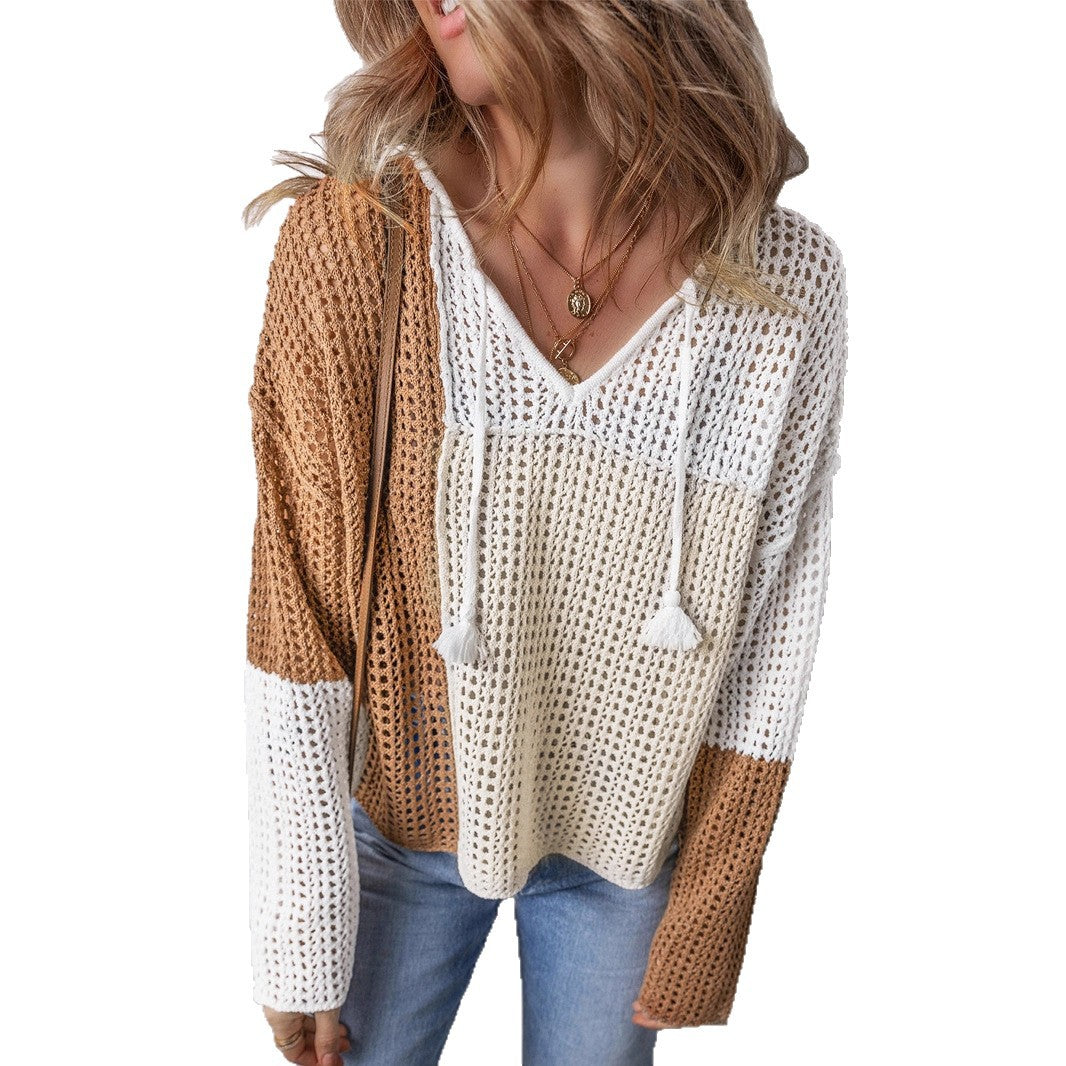 Damen luftiger Strickpullover mit modernem Netzstruktur-Design und dekorativen Kordeln
