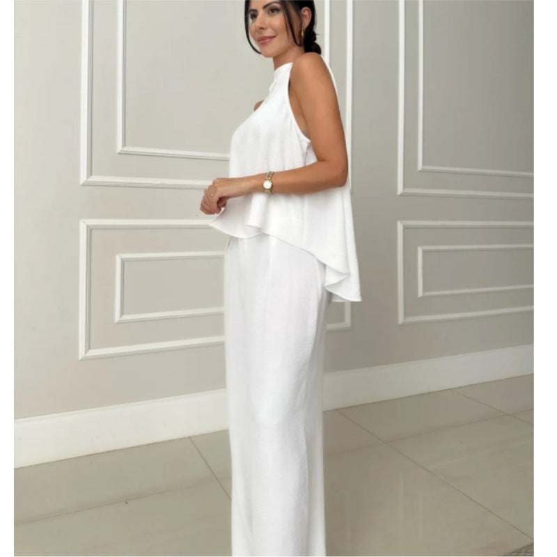 Damen elegantes Set aus lässigem Oberteil und hochsitztender Hose R&B