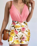 Damen Figurbetontes Minikleid mit floralem Design und tiefem V-Ausschnitt R&B