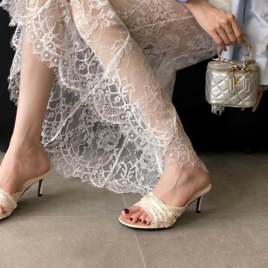 Damen elegante Mules mit zartem Spitzenabschluss R&B