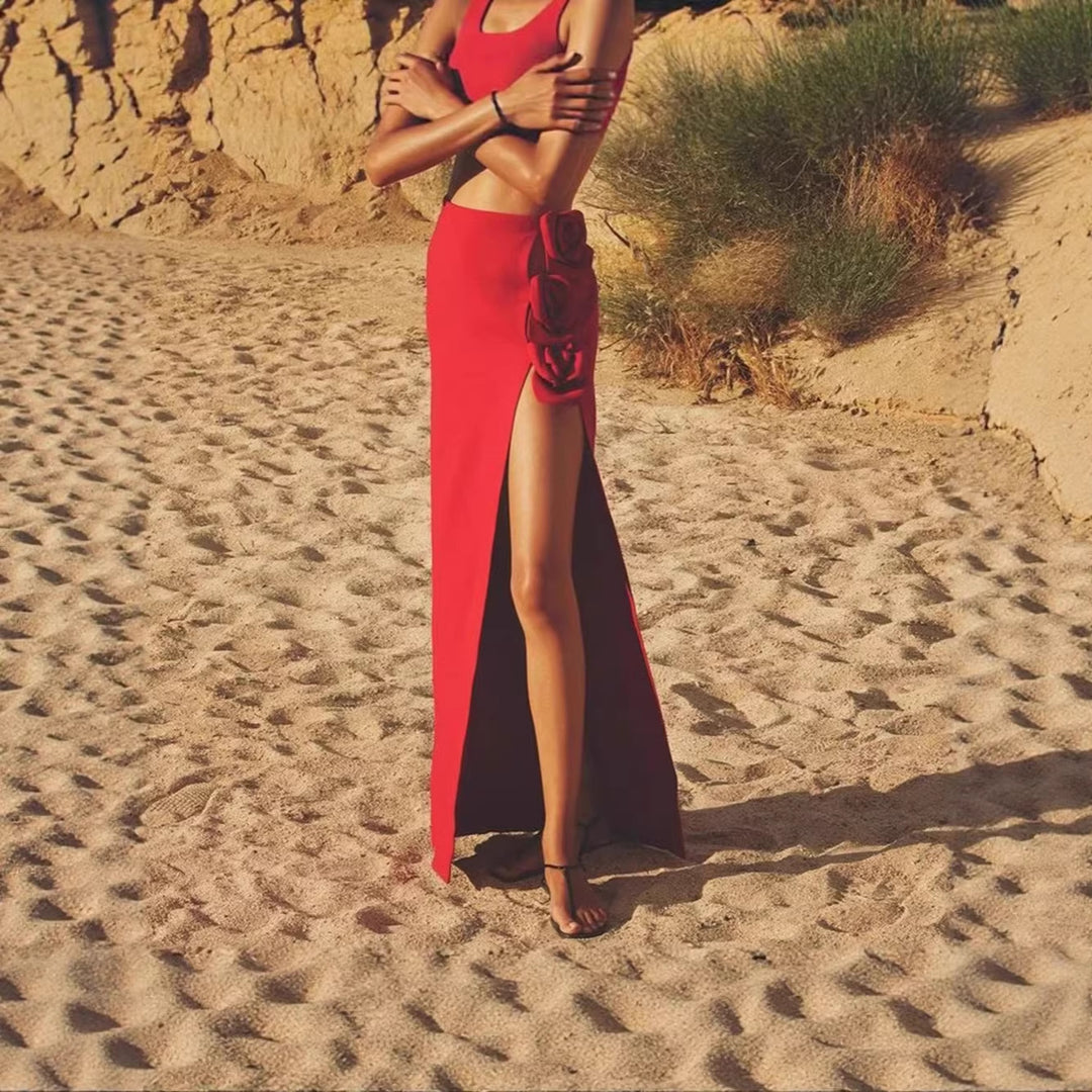 Damen eleganter, figurbetonter Rock mit Blumenapplikationen und seitlichem Schlitz R&B