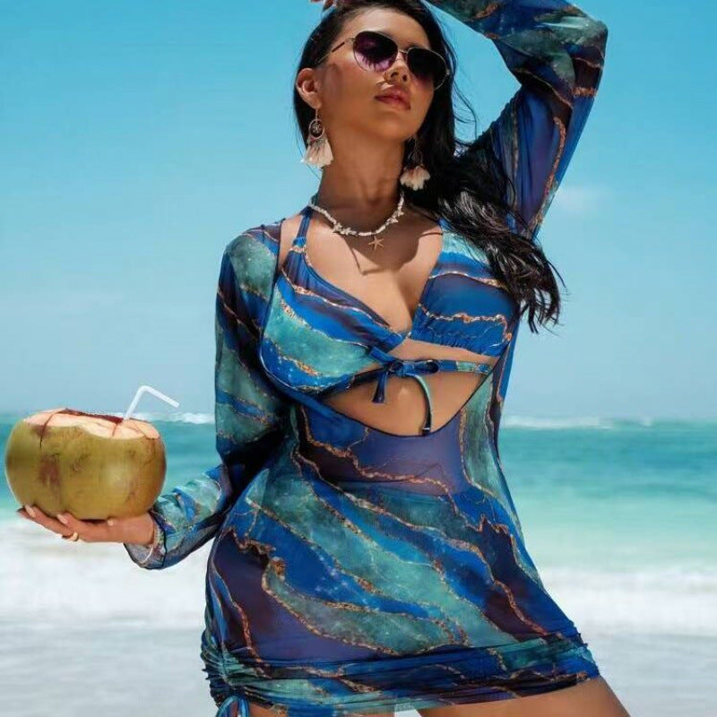 Damen Strandkleid mit transparenten Einsätzen und modischem Wickel-Design R&B