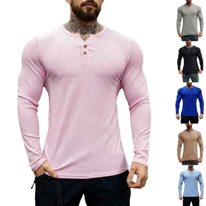 Herren nan geripptes Langarm-Henleyshirt mit flacher Knopfleiste und körperbetonter Stretch-Passform R&B