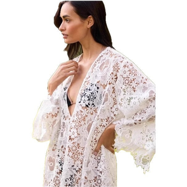 Damen Strandkimono mit floralem Häkelmuster und weit ausgestellten Ärmeln R&B