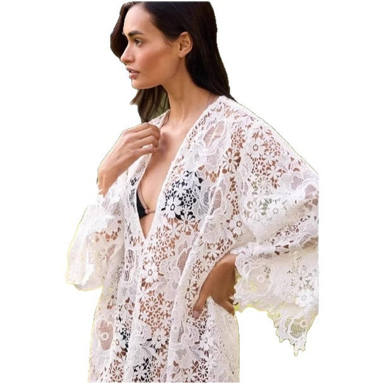 Damen Strandkimono mit floralem Häkelmuster und weit ausgestellten Ärmeln R&B