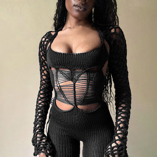 Damen Trendiger Strickanzug mit tiefem V-Ausschnitt und cut-out Design R&B