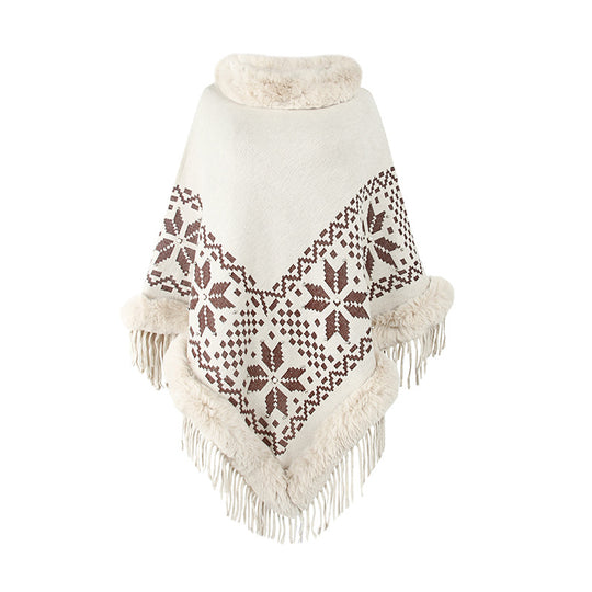 Damen eleganter Poncho mit dekorativem Fransen-Design und Kunstfellbesatz R&B