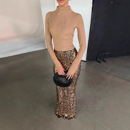 Damen Glamouröses Pailletten-Maxi-Rockkleid mit figurbetontem Oberteil und elegantem Schnitt R&B