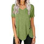 Damen lässiges V-Ausschnitt T-Shirt mit asymmetrischem Saum und dekorativen Knopfdetails R&B