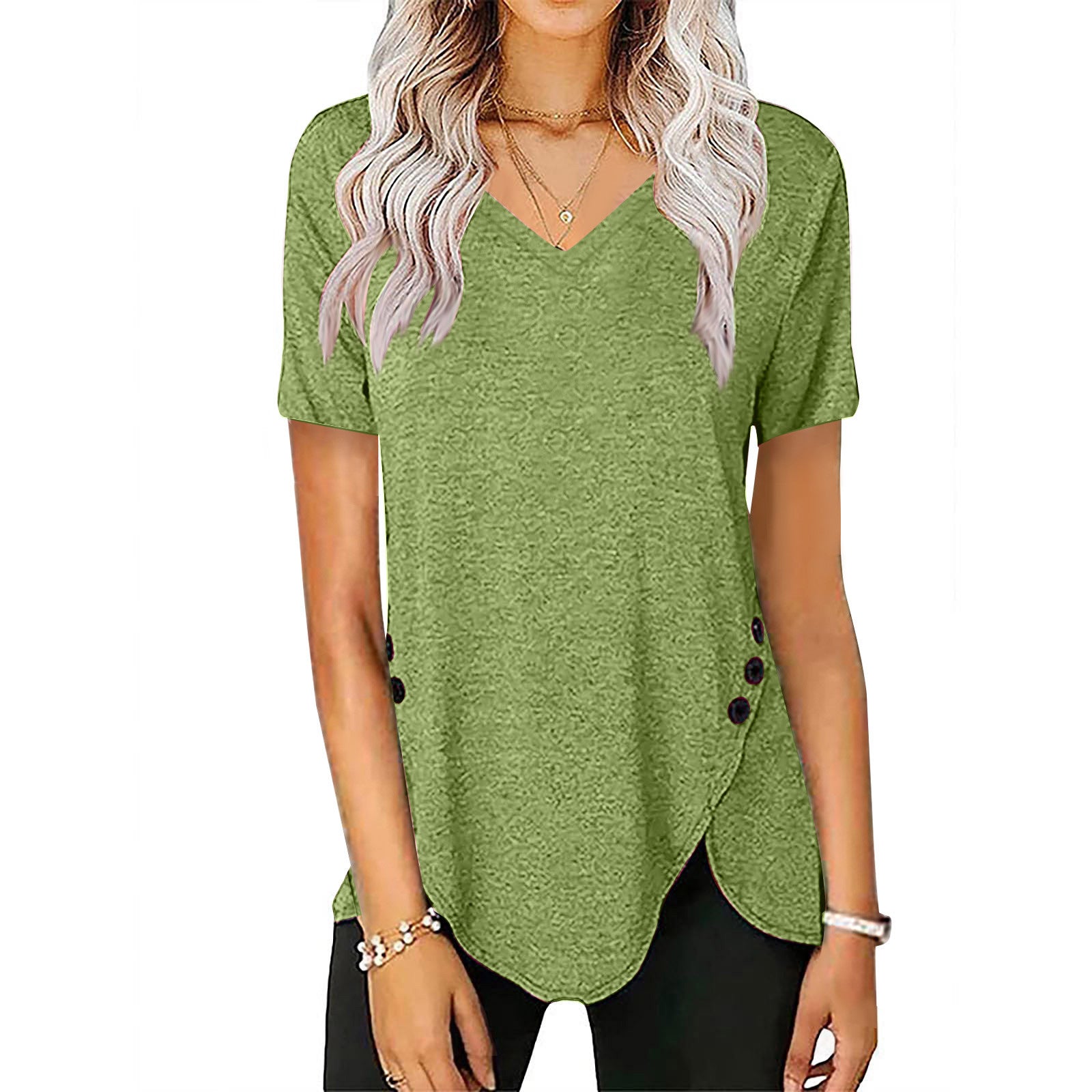 Damen lässiges V-Ausschnitt T-Shirt mit asymmetrischem Saum und dekorativen Knopfdetails R&B