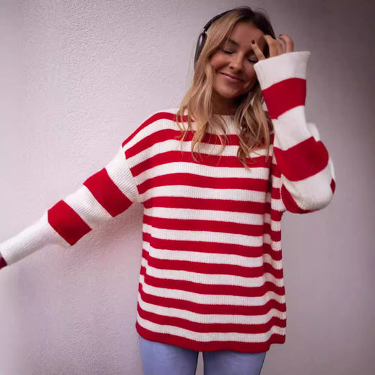 Damen lässiger Streifenpullover mit weitem Schnitt und gemütlichem Material R&B