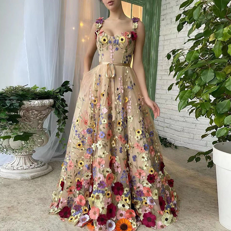 Damen Blumengesticktes Tüllkleid mit Taillengürtel und A-Linien-Silhouette R&B