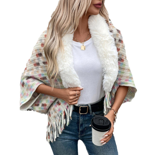 Damen eleganter Poncho mit luxuriösem Kunstfellkragen und Fransen R&B
