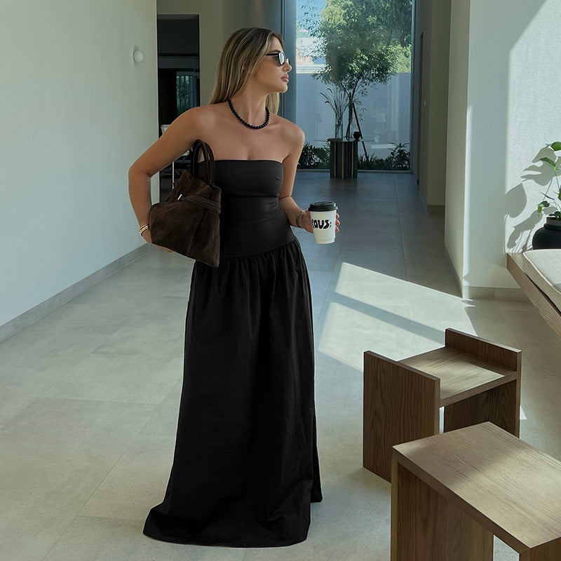 Damen elegantes Bandeau-Maxi-Kleid mit schwingendem Rock und elastischem Bund R&B