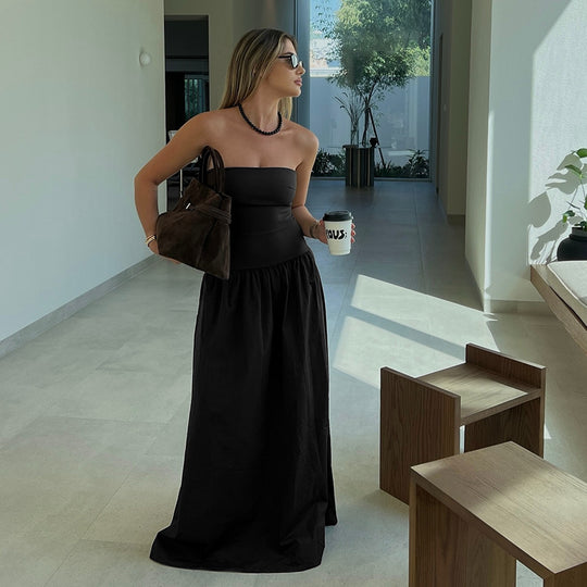 Damen elegantes Bandeau-Maxi-Kleid mit schwingendem Rock und elastischem Bund R&B