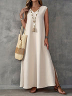 Damen Maxi-Strandkleid mit elegantem V-Ausschnitt und seitlichem Schlitz R&B