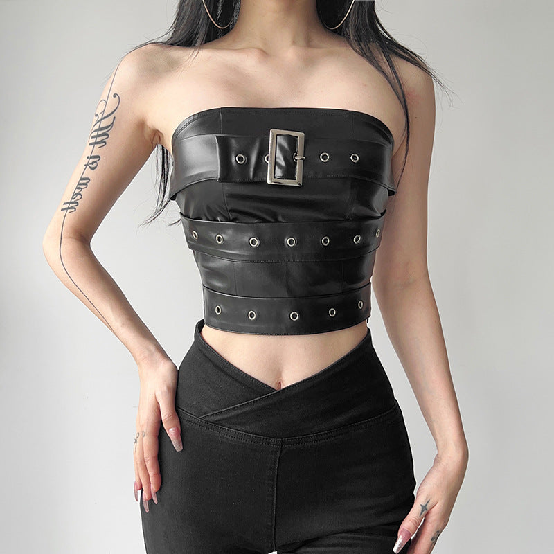 Damen Couture Oberteil aus Leder mit dekorativen Schnallen und Ösen R&B
