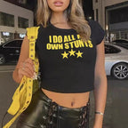 Damen Crop-Top mit kreativem Grafikdesign und modernem Schriftzug R&B