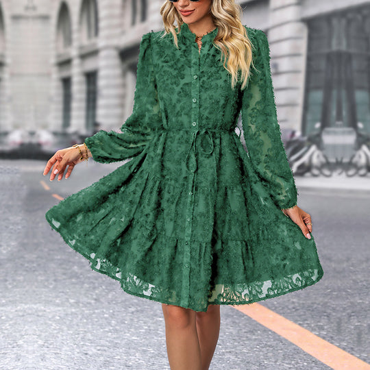 Damen Kleid im romantischen Boho-Stil mit Knopfverschluss und Bindegürtel R&B