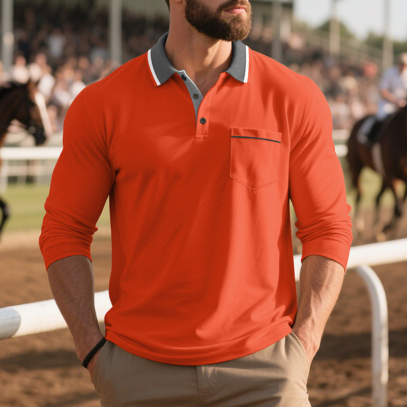 Herren Langarm-Poloshirt mit strukturiertem Design und modischer Brusttasche R&B