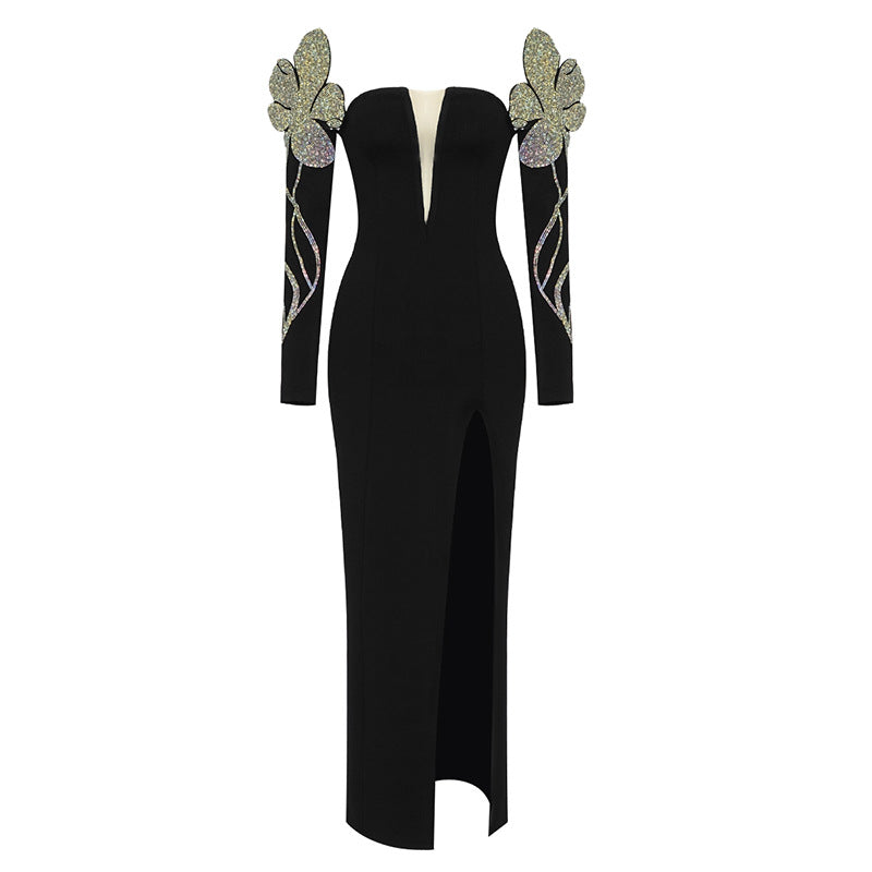 Damen Elegantes Abendkleid mit glitzernden Flügel-Applikationen und tiefem V-Ausschnitt R&B