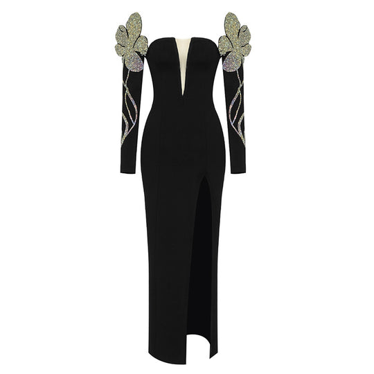 Damen Elegantes Abendkleid mit glitzernden Flügel-Applikationen und tiefem V-Ausschnitt R&B