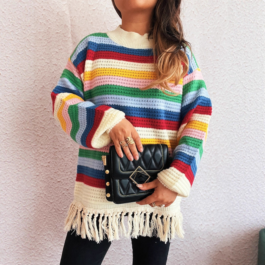 Damen entzückender Pullover mit Fransen und buntem Streifenmuster R&B   
