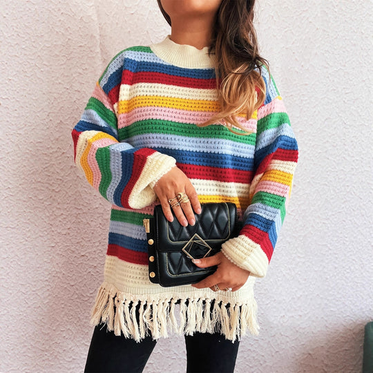 Damen entzückender Pullover mit Fransen und buntem Streifenmuster R&B   