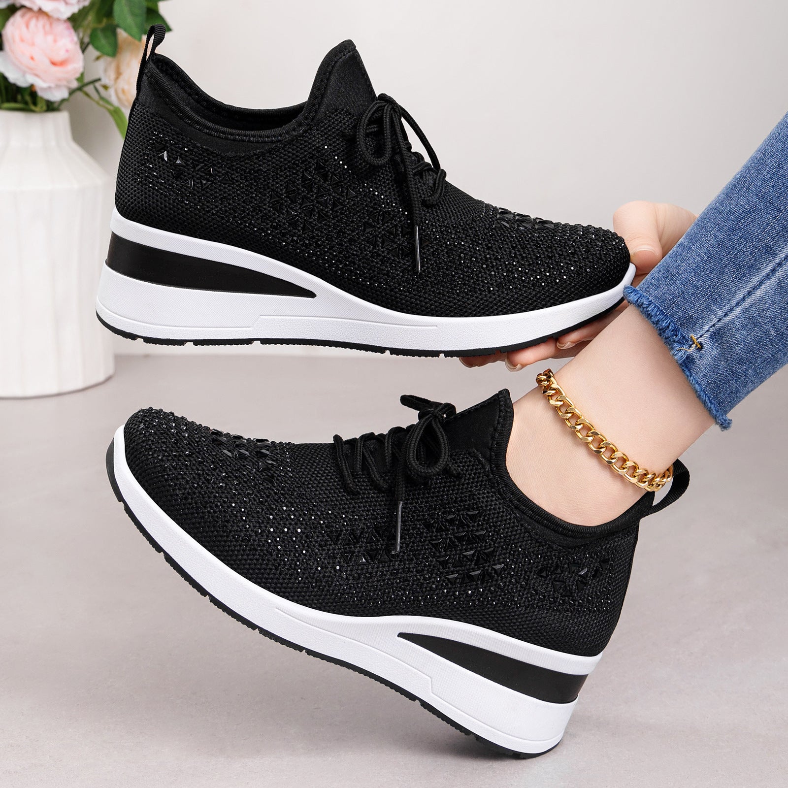 Damen Sportliche Sneakers mit Strass-Applikationen und atmungsaktivem Obermaterial