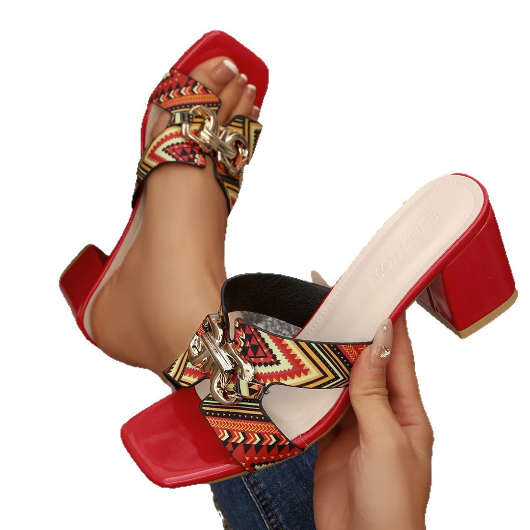 Damen Elegante Blockabsatzsandalen mit geschmackvollem Muster und modischem Riemendesign R&B