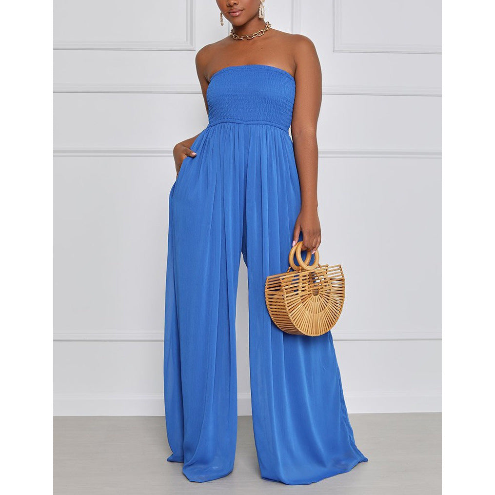 Damen eleganter Jumpsuit mit schulterfreiem Design und elastischem Oberteil R&B
