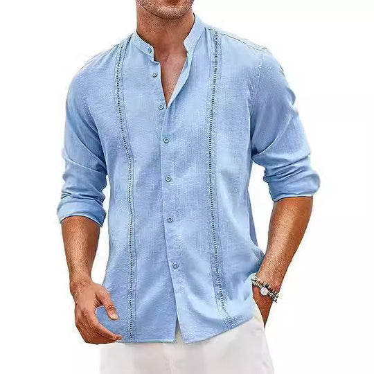 Herren Leinenhemd mit Stehkragen und feinen Details R&B