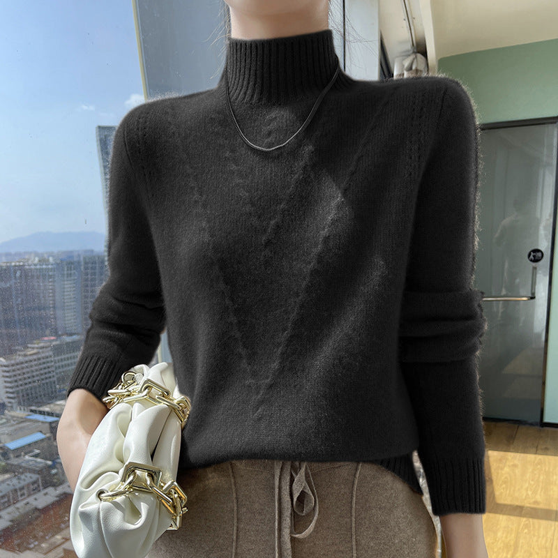 Damen weicher Strickpullover mit hohen Kragen und V-Design R&B