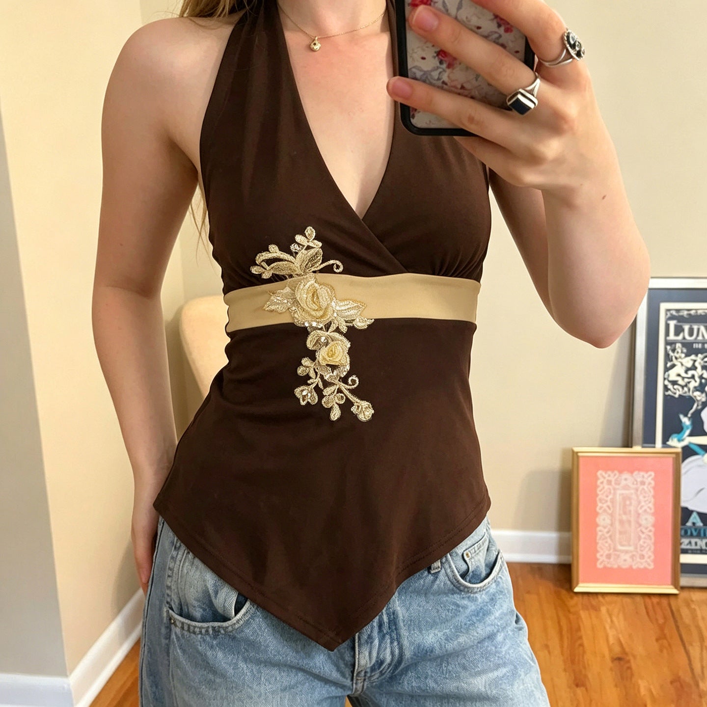 Damen eleganter Halter-Badeanzug mit luxuriösen Stickereien R&B