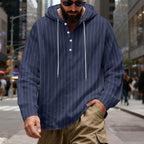Herren nan gestreiftes Henley-Kapuzenhemd mit Langarm, lockerem Schnitt und Kordelzug R&B