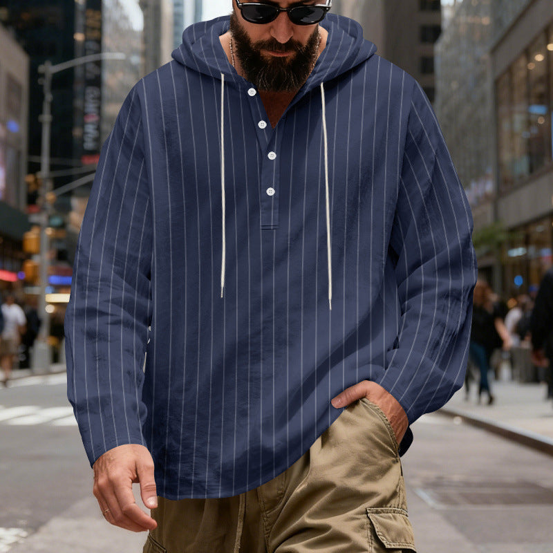 Herren nan gestreiftes Henley-Kapuzenhemd mit Langarm, lockerem Schnitt und Kordelzug R&B