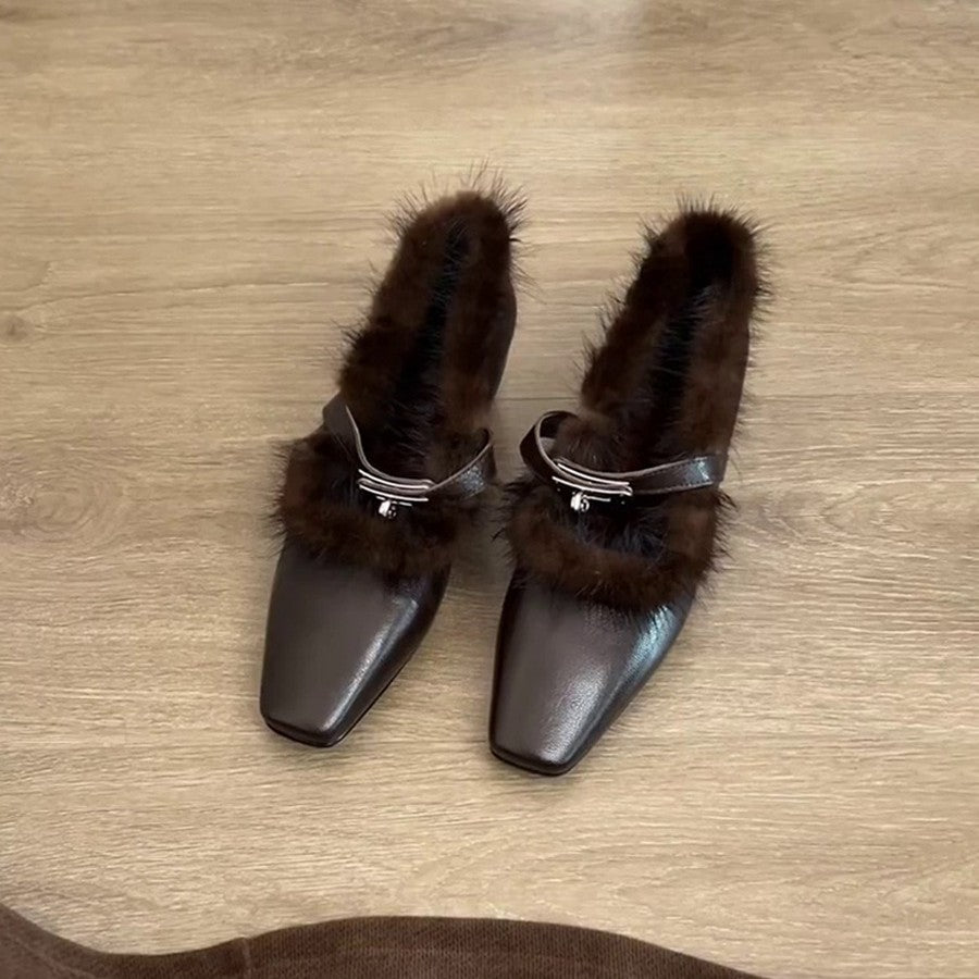 Damen elegante Stiefeletten mit luxuriösem Fellbesatz und modischem Riemen R&B