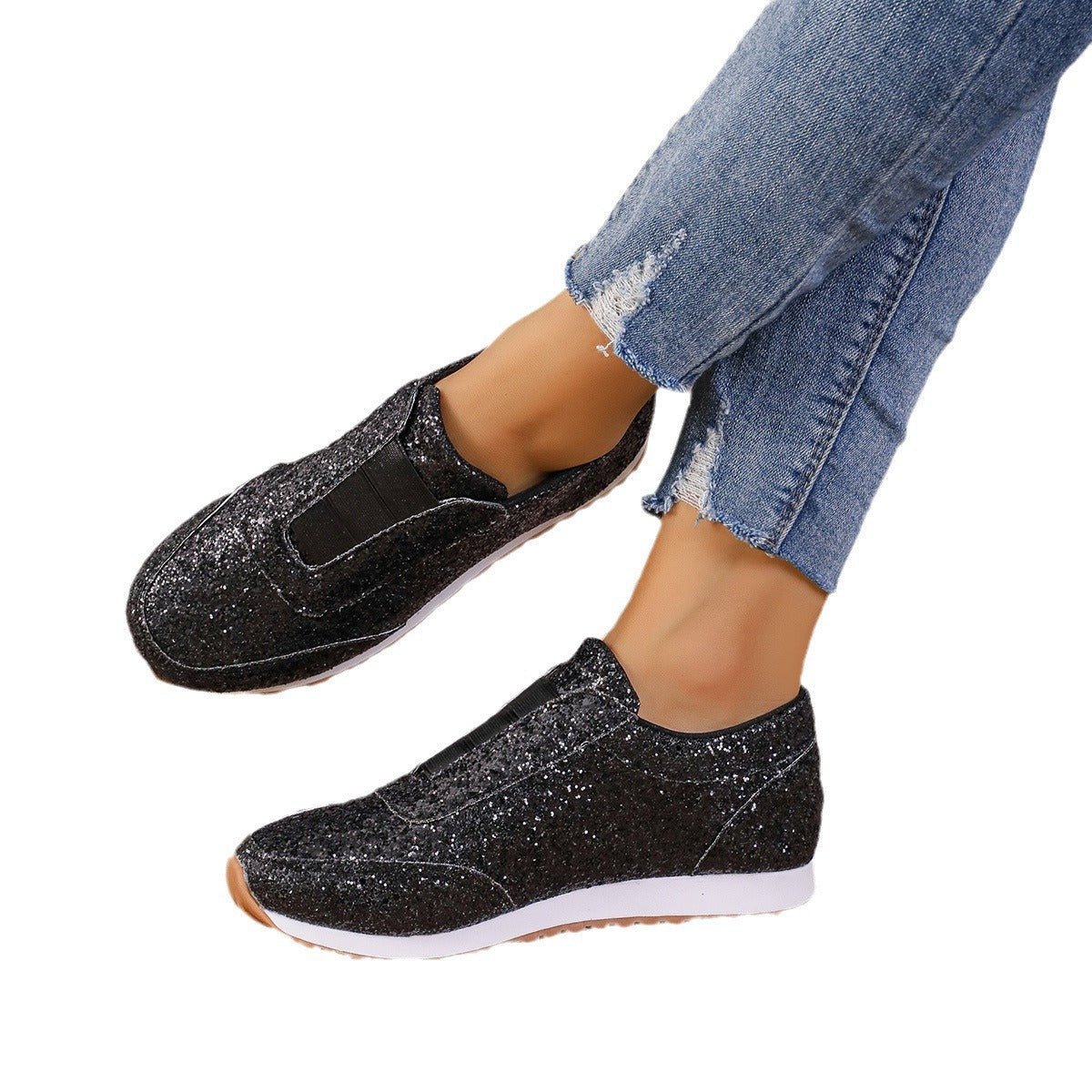 Damen Sportliche Slip-On Sneakers mit funkelndem Glitzer-Heel R&B