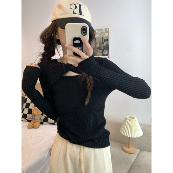 Damen Langarmshirt mit offener Schulterpartie und Rippstrickmuster R&B