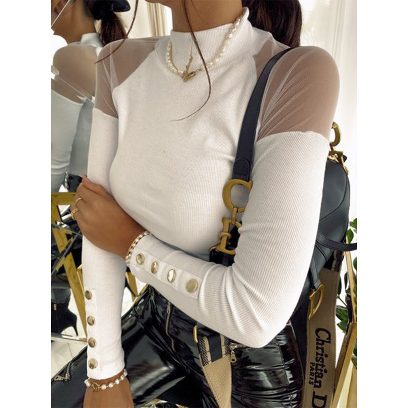 Damen Langarmshirt mit transparenten Ärmeln und Knopfdetails R&B