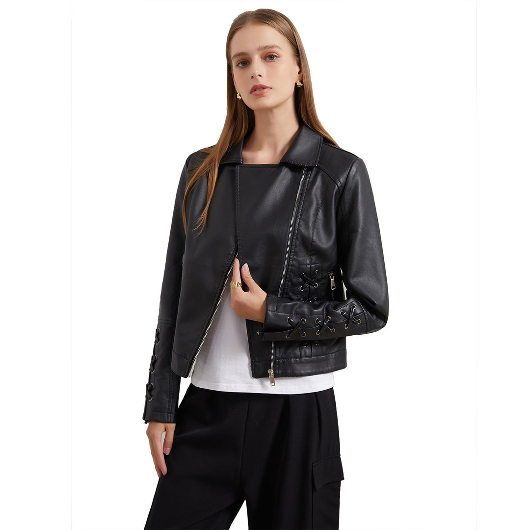 Damen modische Kunstlederjacke mit raffinierten Schnürdetails R&B