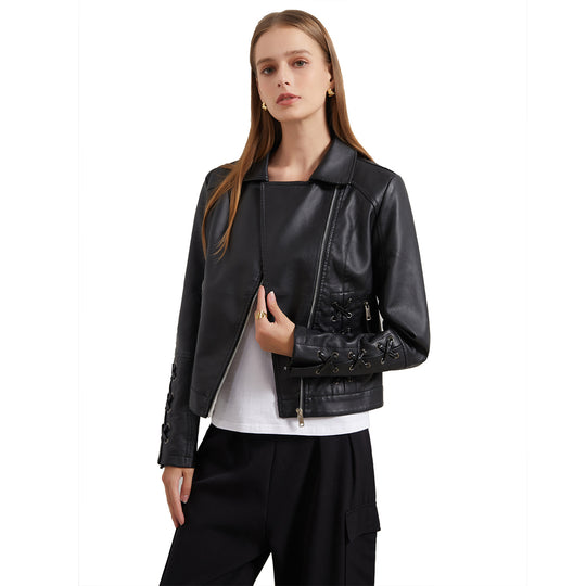 Damen modische Kunstlederjacke mit raffinierten Schnürdetails R&B