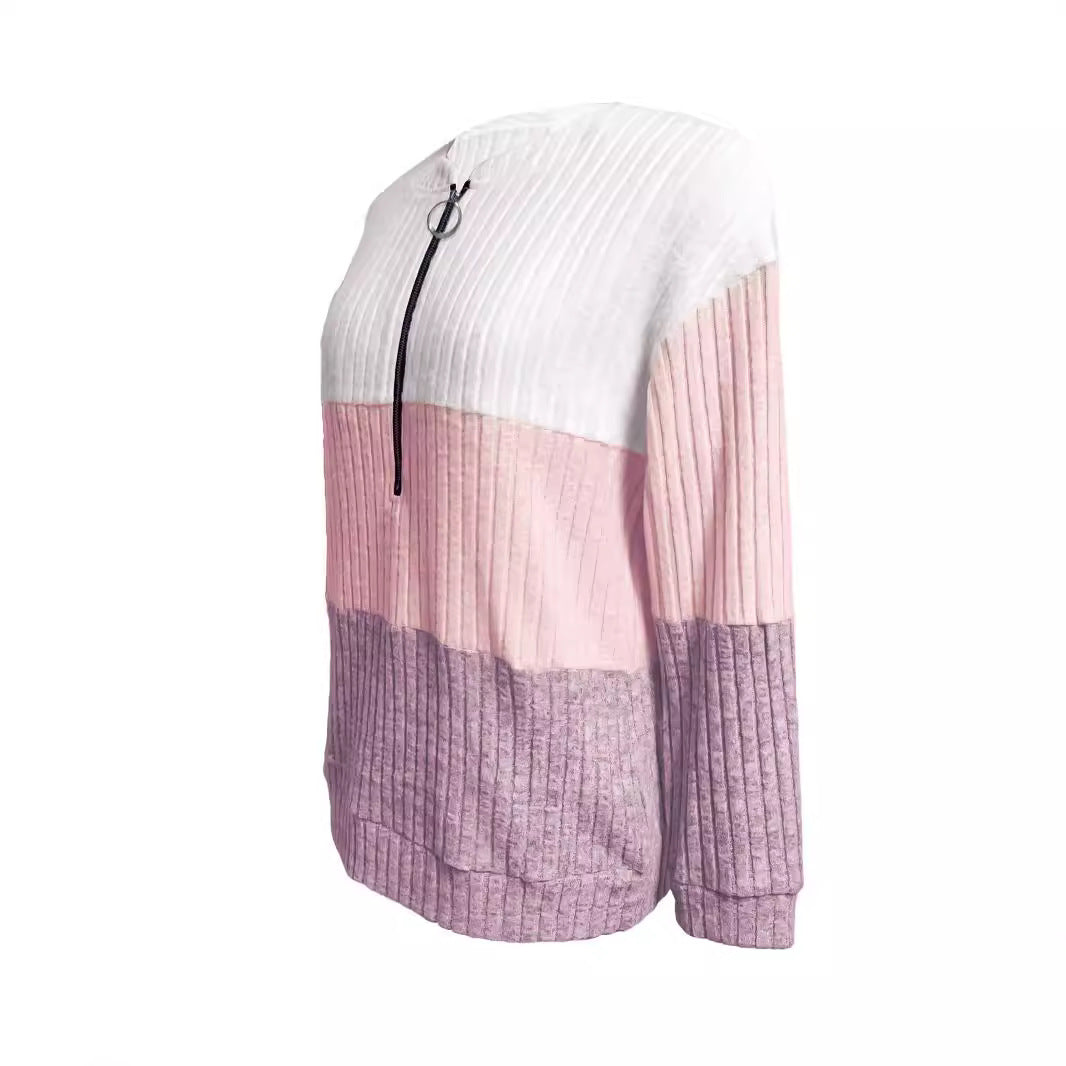 Damen nan gerippter Longpullover mit Ringreißverschluss und Colorblock-Struktur R&B
